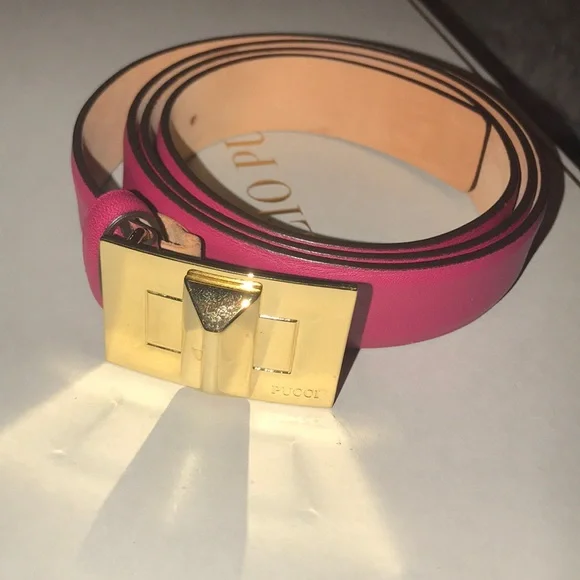 Emilio Pucci Magenta w/ Gold Logo Buckle Belt Sz L Skinny Karung Belt with Long Gold Buckle - w.kleinberg main image 4